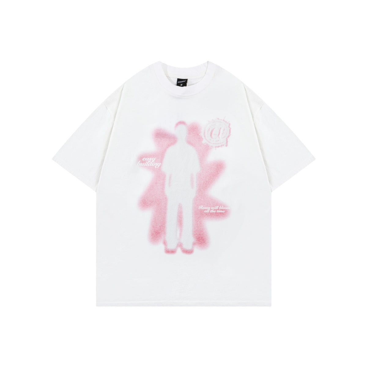 White t-shirt with a silhouette and glow graphic on the front, flat lay, front view