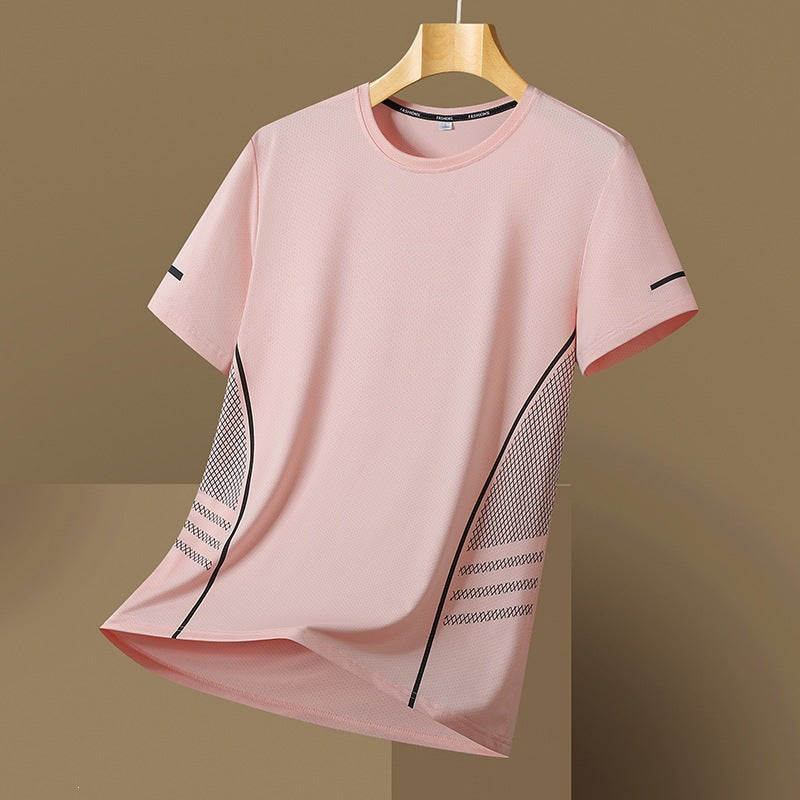 Pink relaxed-fit mesh-panel t-shirt on a hanger, front view