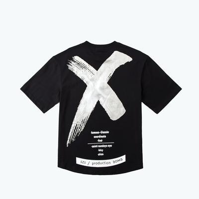 Black with Silver Print loose t-shirt with a large brush-stroke X on the back, back view