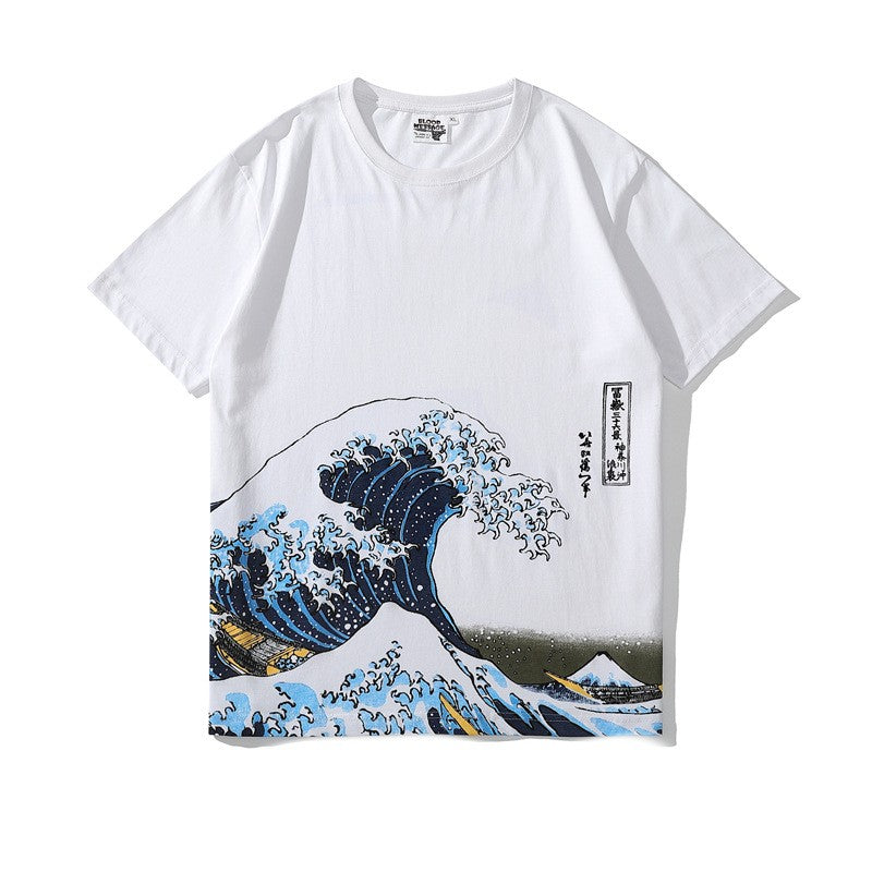 White t-shirt with an ocean wave illustration on the lower front, flat lay, front view
