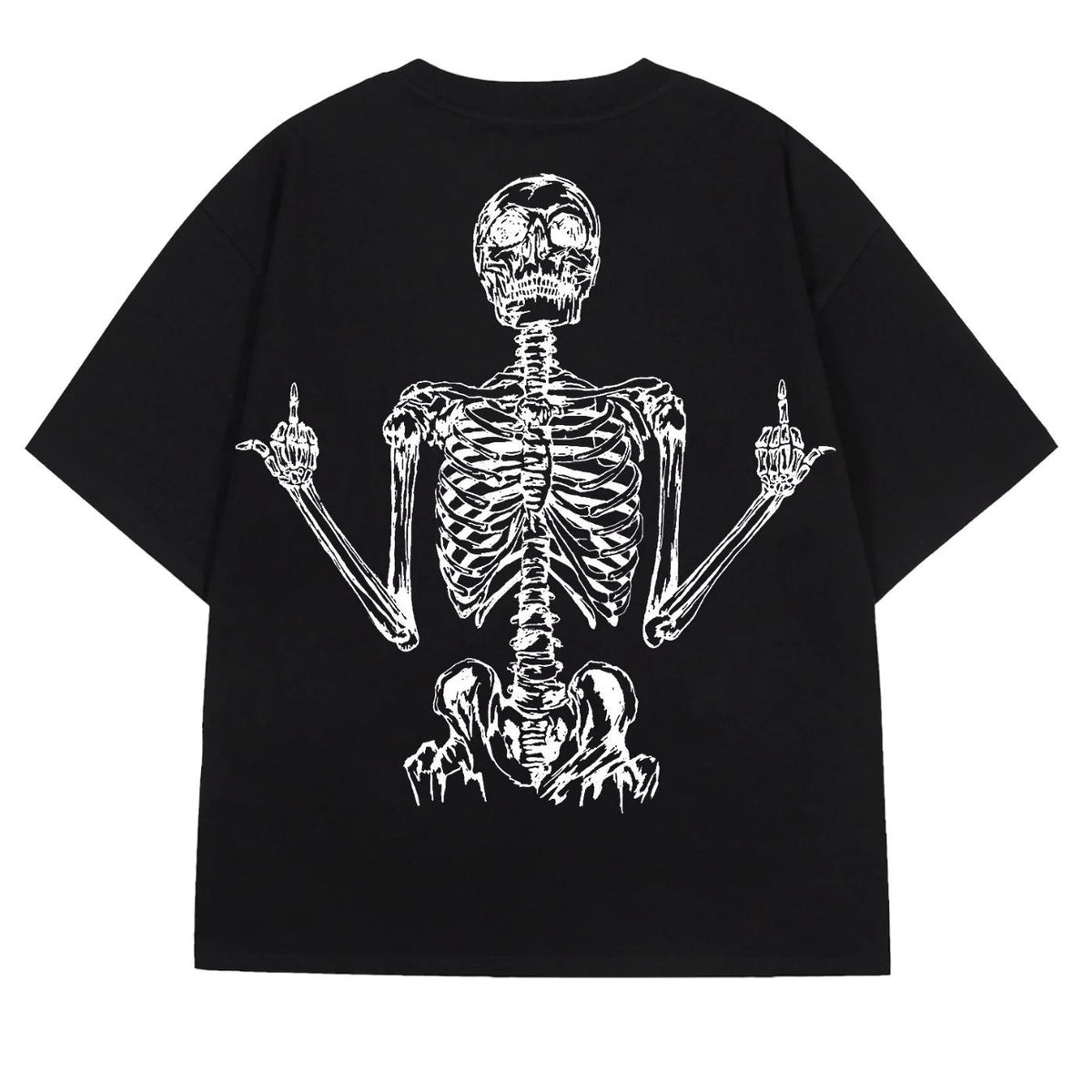 Black oversized t-shirt with a large skeleton graphic on the back, back view