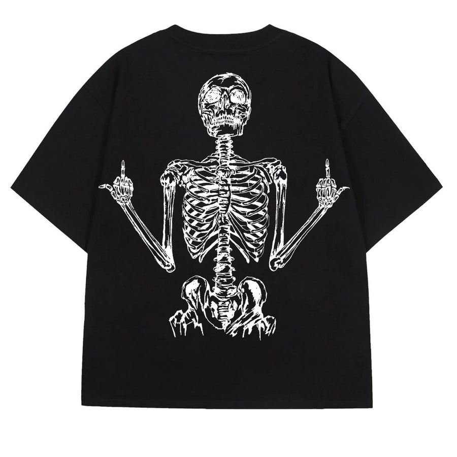 Black oversized t-shirt with a large skeleton graphic on the back, back view