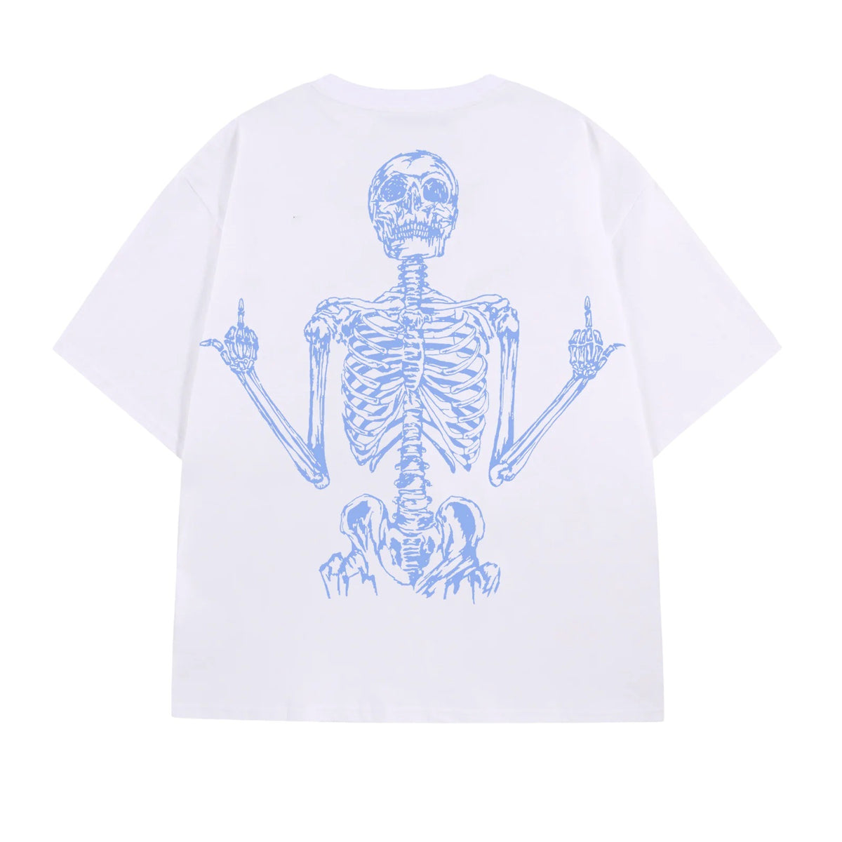 White with Blue Print oversized t-shirt with a large skeleton graphic on the back, back view