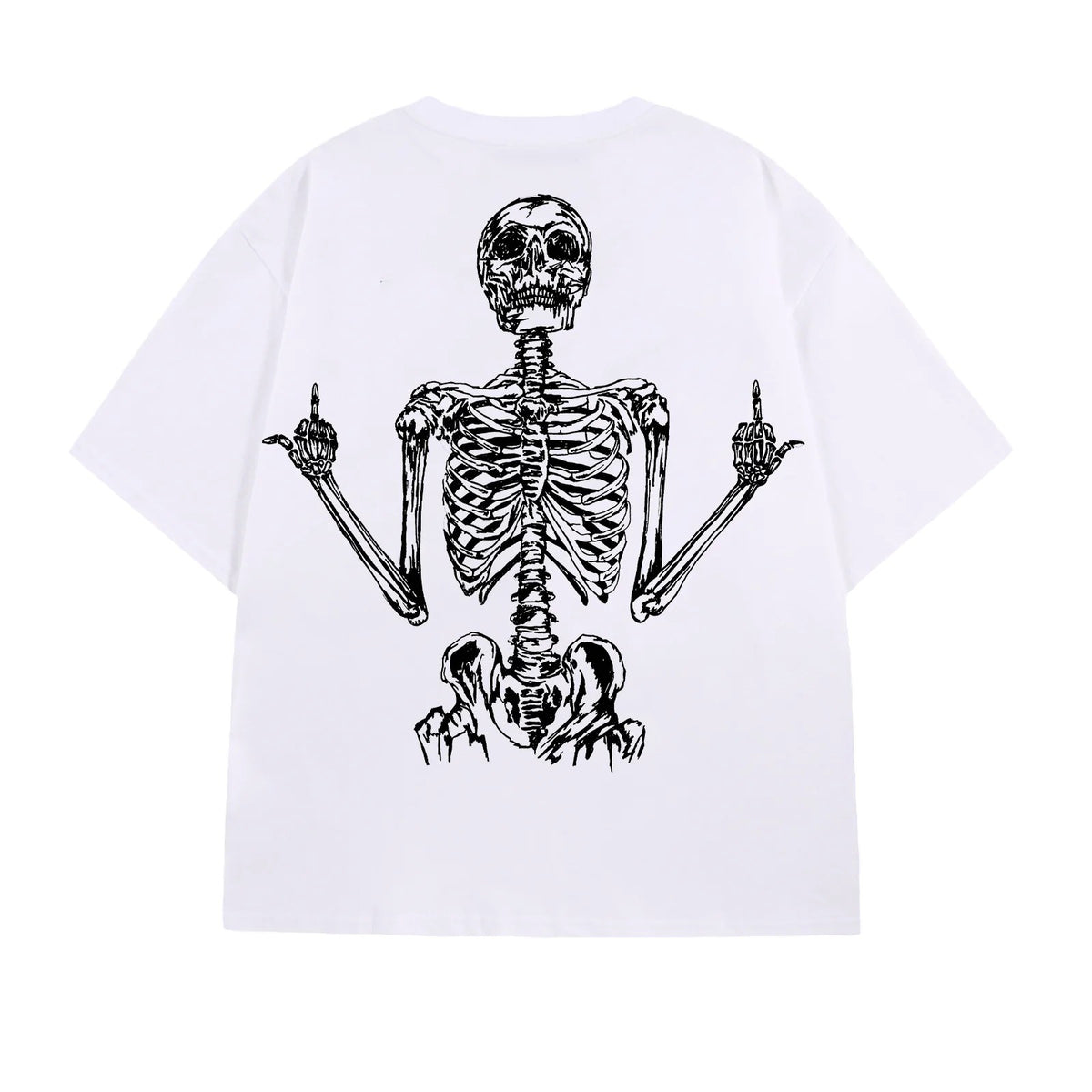 White oversized t-shirt with a large skeleton graphic on the back, back view
