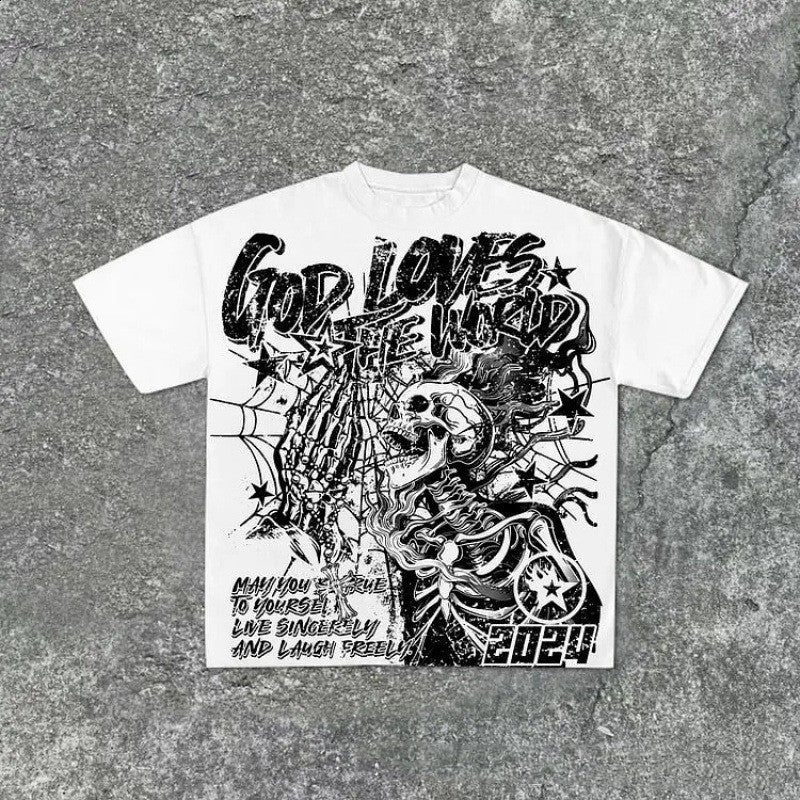 White oversized t-shirt with a skeleton and cobweb graphic on the chest, flat lay, front view
