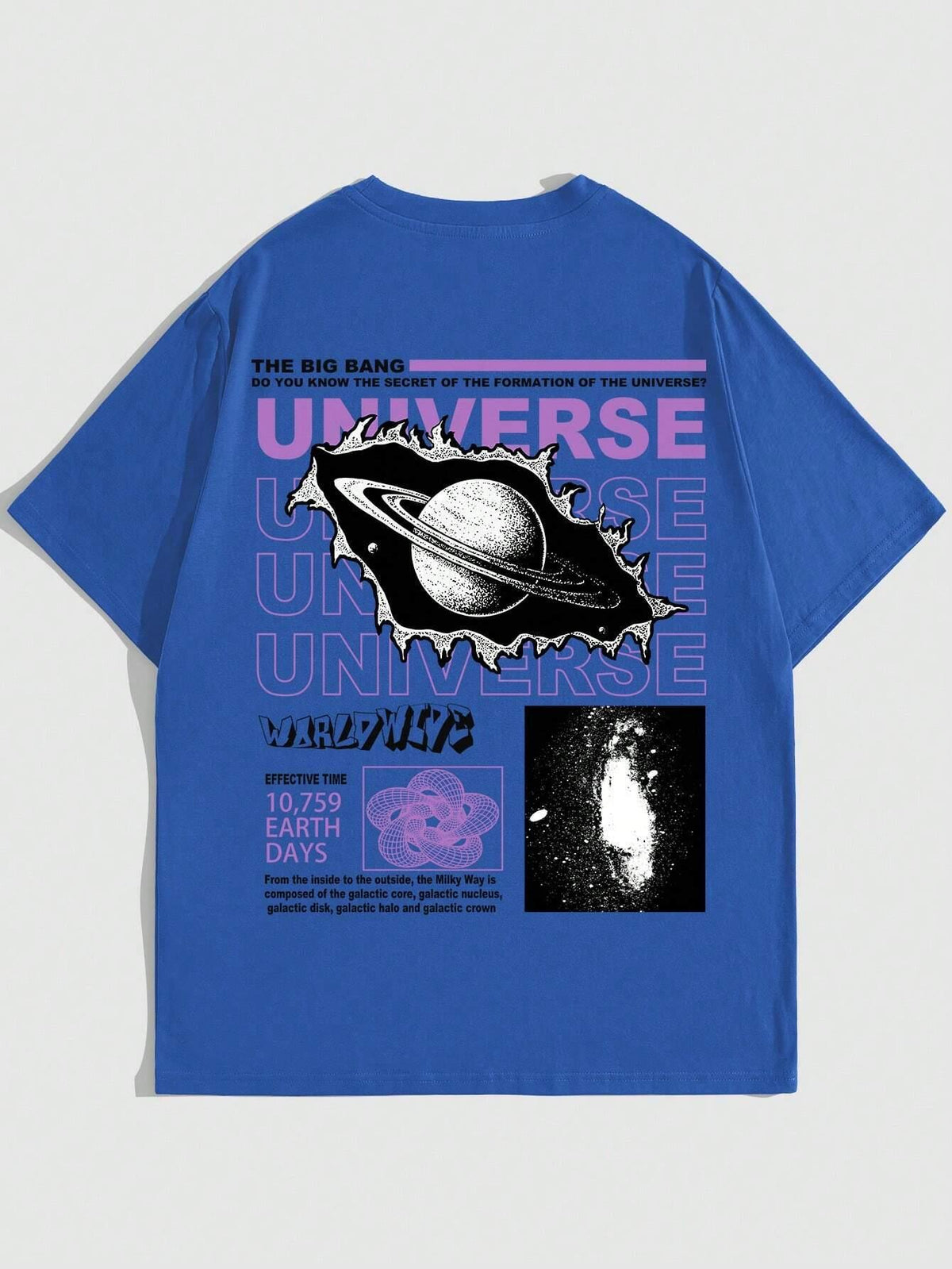Blue loose t-shirt with a ringed planet graphic on the back, back view