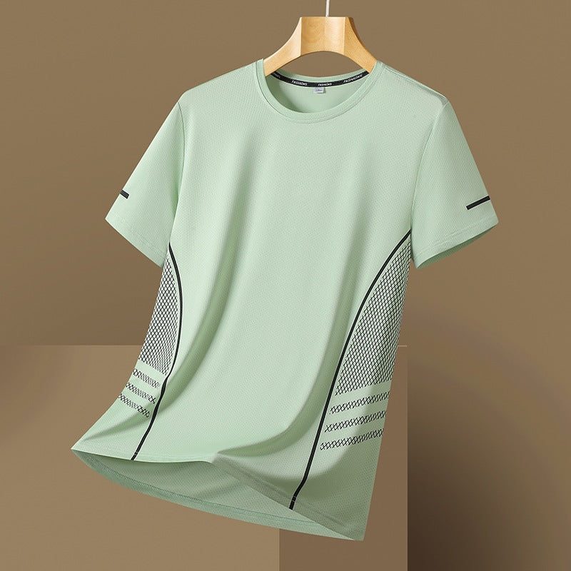 Mint Green relaxed-fit mesh-panel t-shirt on a hanger, detail view
