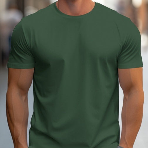 Dark Green plain crew-neck t-shirt, worn by a model, front view