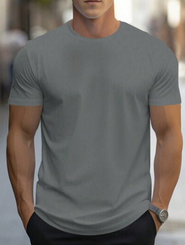 Grey plain crew-neck t-shirt, worn by a model, front view