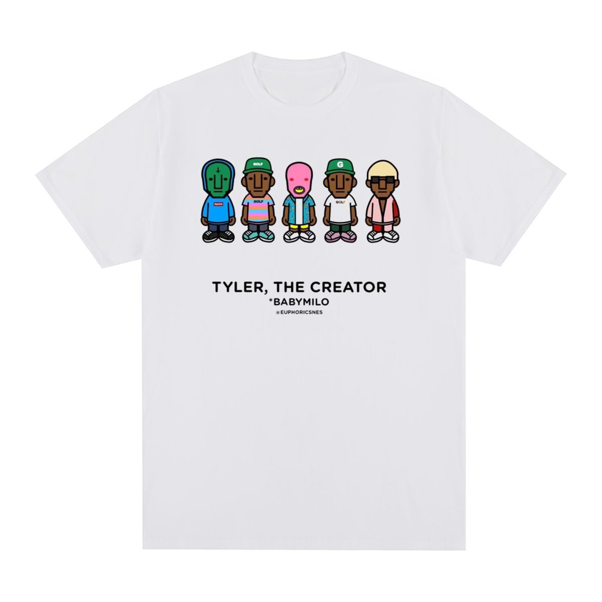White t-shirt with a cartoon group graphic on the chest, flat lay, front view