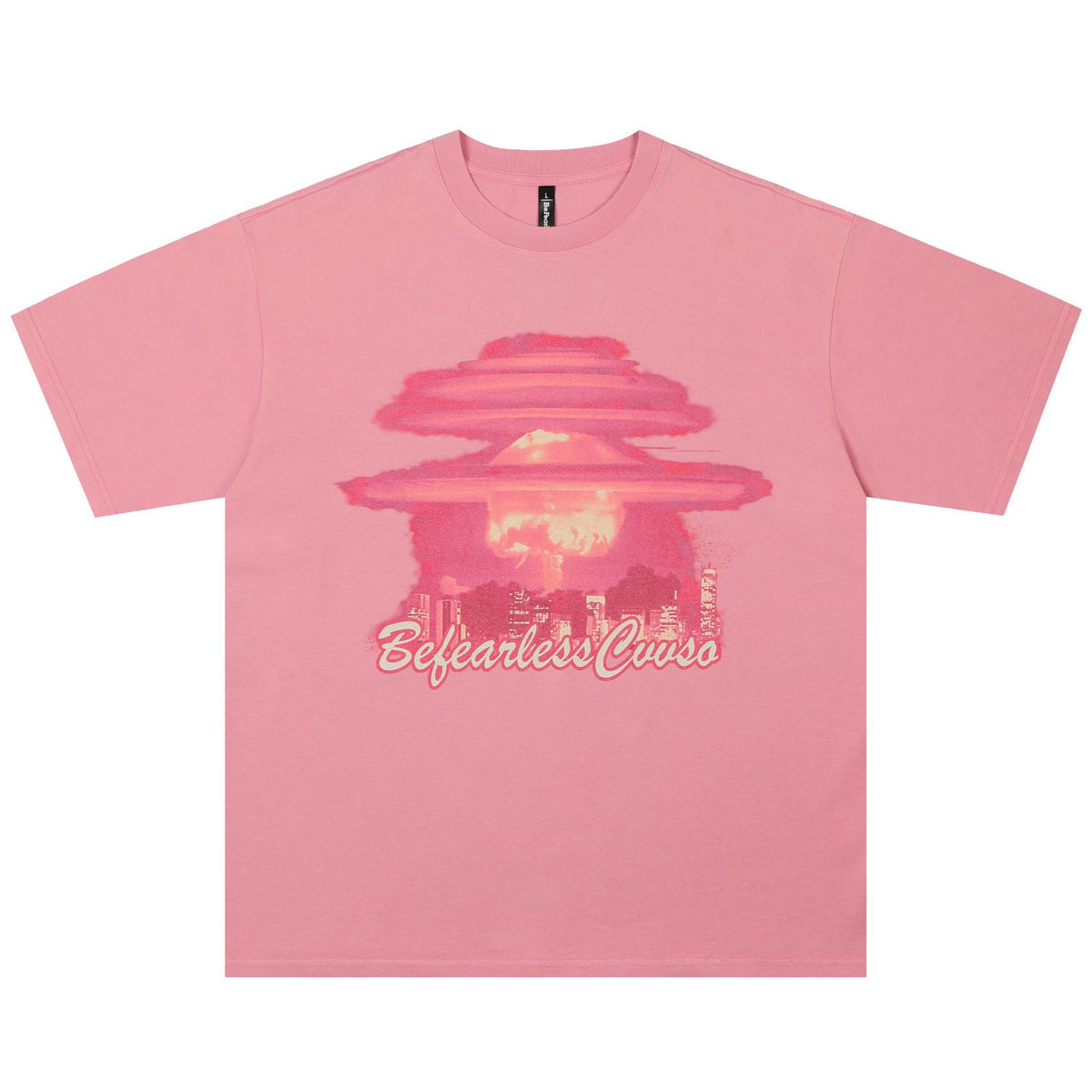 Rose Pink washed t-shirt with a mushroom cloud skyline graphic on the chest, flat lay, front view