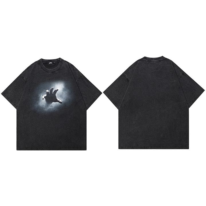 Washed Black oversized t-shirt with a small glow graphic on the chest, flat lay, front and back view