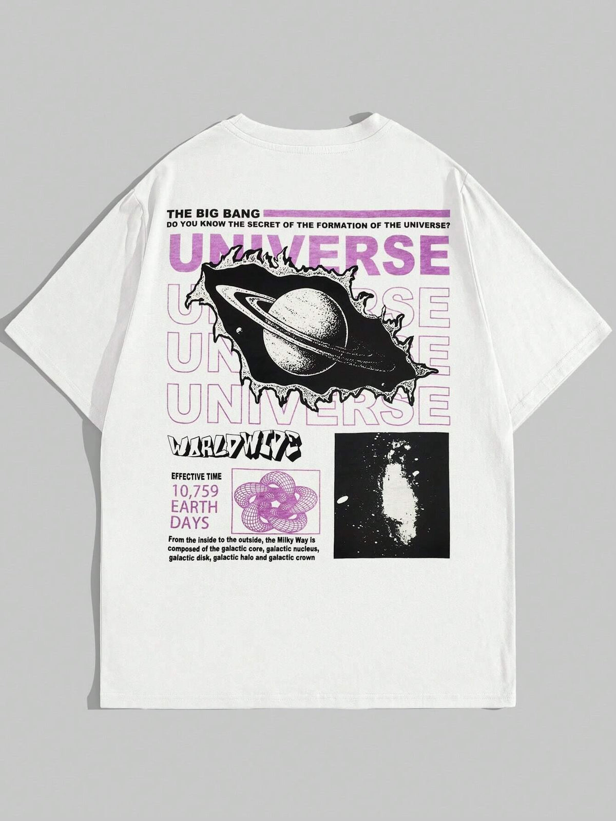 White loose t-shirt with a ringed planet graphic on the back, back view