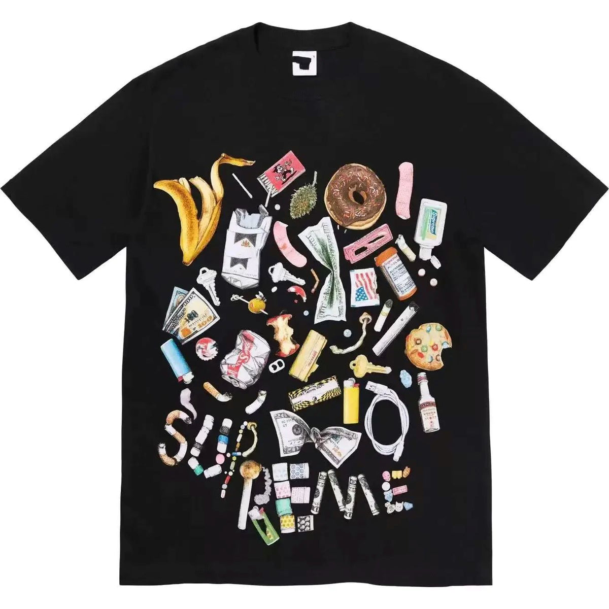 Black t-shirt with a multi-colour collage graphic on the chest, front view