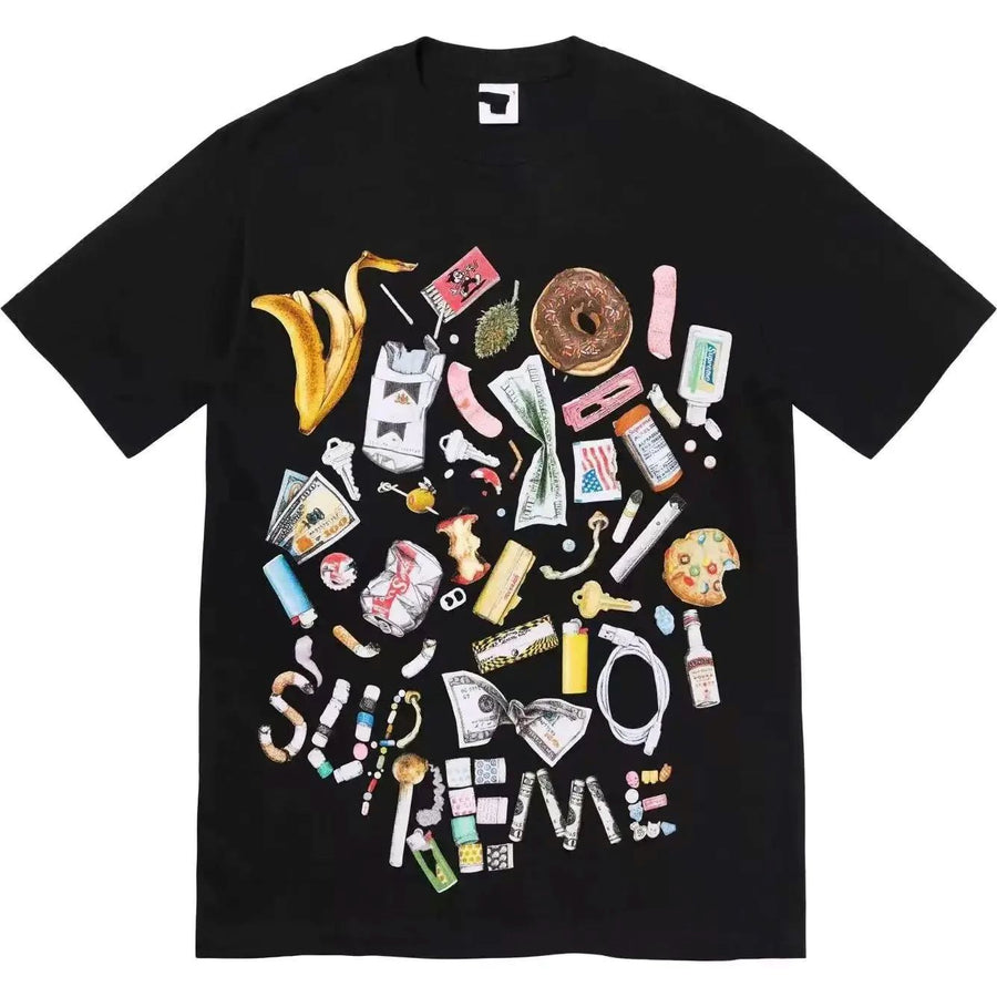 Black t-shirt with a multi-colour collage graphic on the chest, front view
