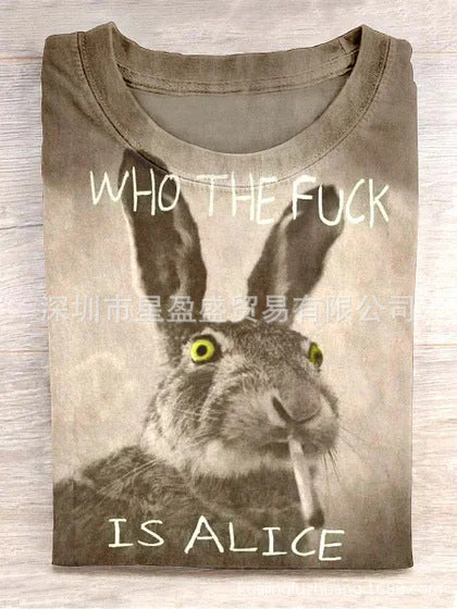 Stone t-shirt with a rabbit portrait graphic and printed text, folded, front view