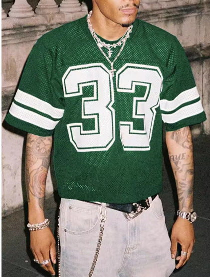 Dark Green mesh sports t-shirt with a large number 33 and sleeve stripes, worn by a model, front view