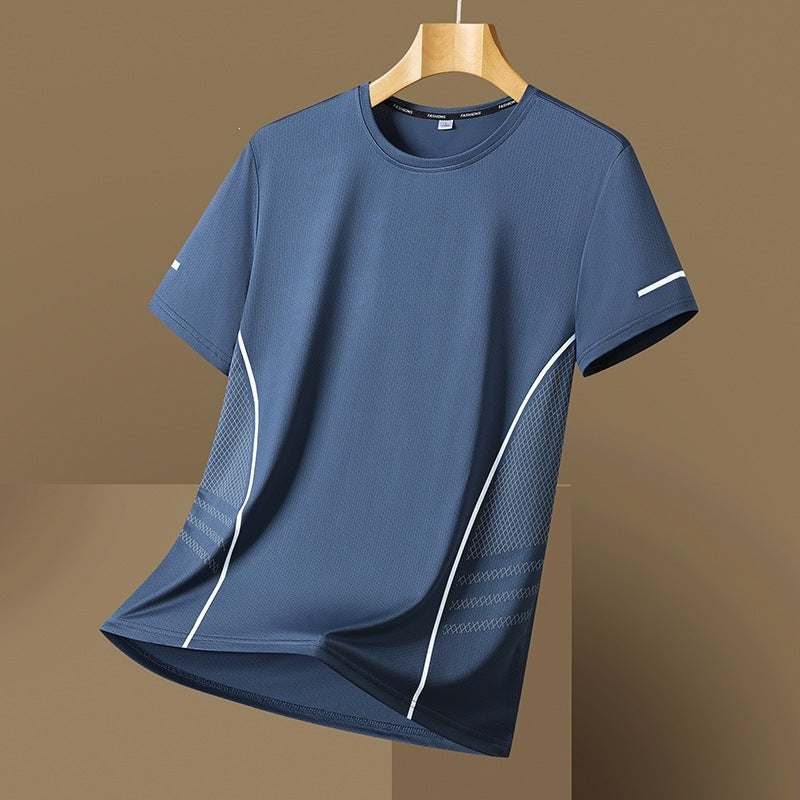 Slate Blue relaxed-fit mesh-panel t-shirt on a hanger, front view