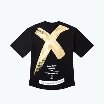 Black with Gold Print loose t-shirt with a large brush-stroke X on the back, back view