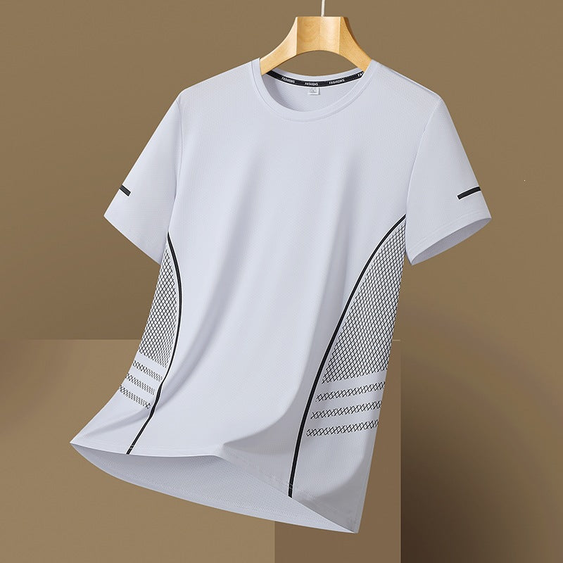 White relaxed-fit mesh-panel t-shirt on a hanger, detail view
