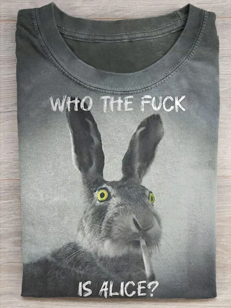Grey t-shirt with a rabbit portrait graphic and printed text, folded, front view