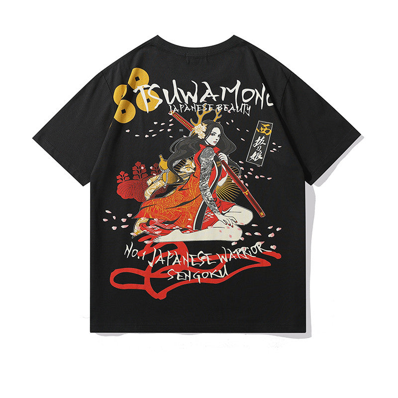 Black t-shirt with a large warrior illustration on the back, flat lay, back view