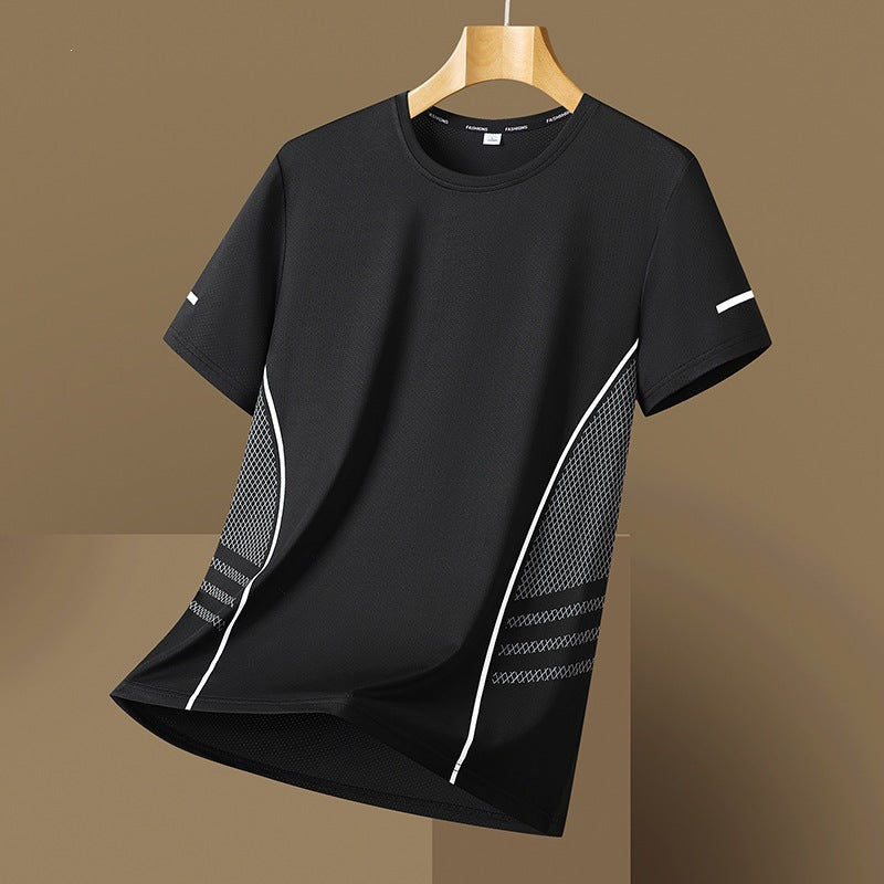 Black relaxed-fit mesh-panel t-shirt on a hanger, detail view