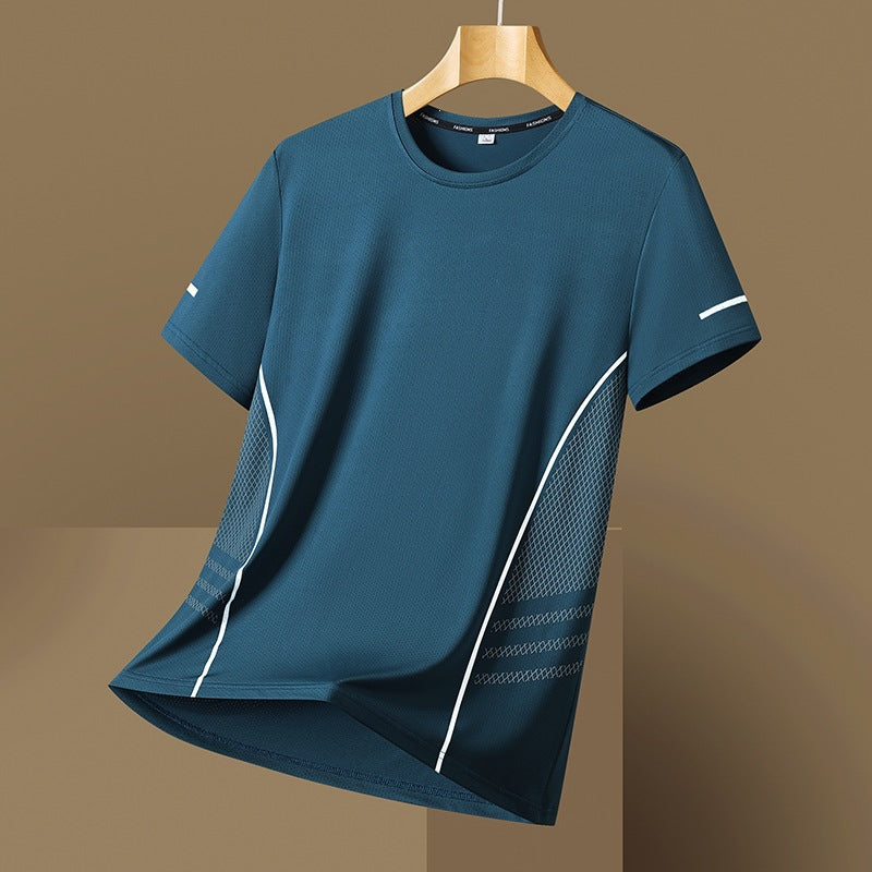 Teal relaxed-fit mesh-panel t-shirt on a hanger, front view