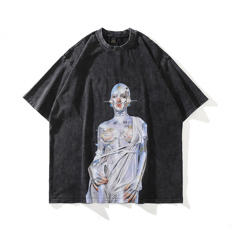 Washed Black t-shirt with a metallic figure graphic on the chest, flat lay, front view