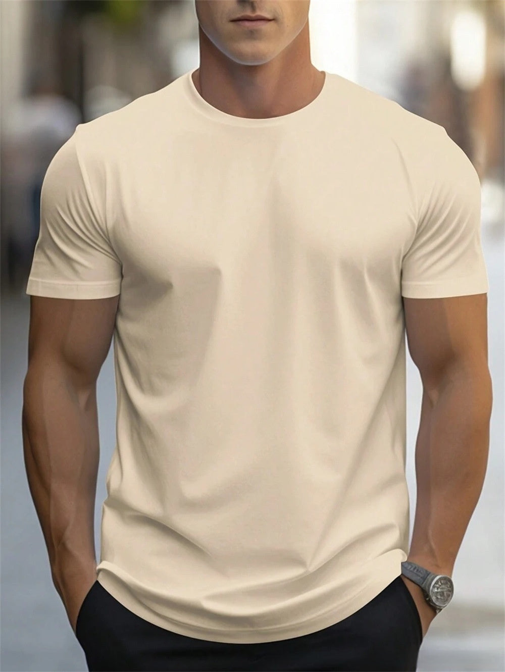 Beige plain crew-neck t-shirt, worn by a model, front view