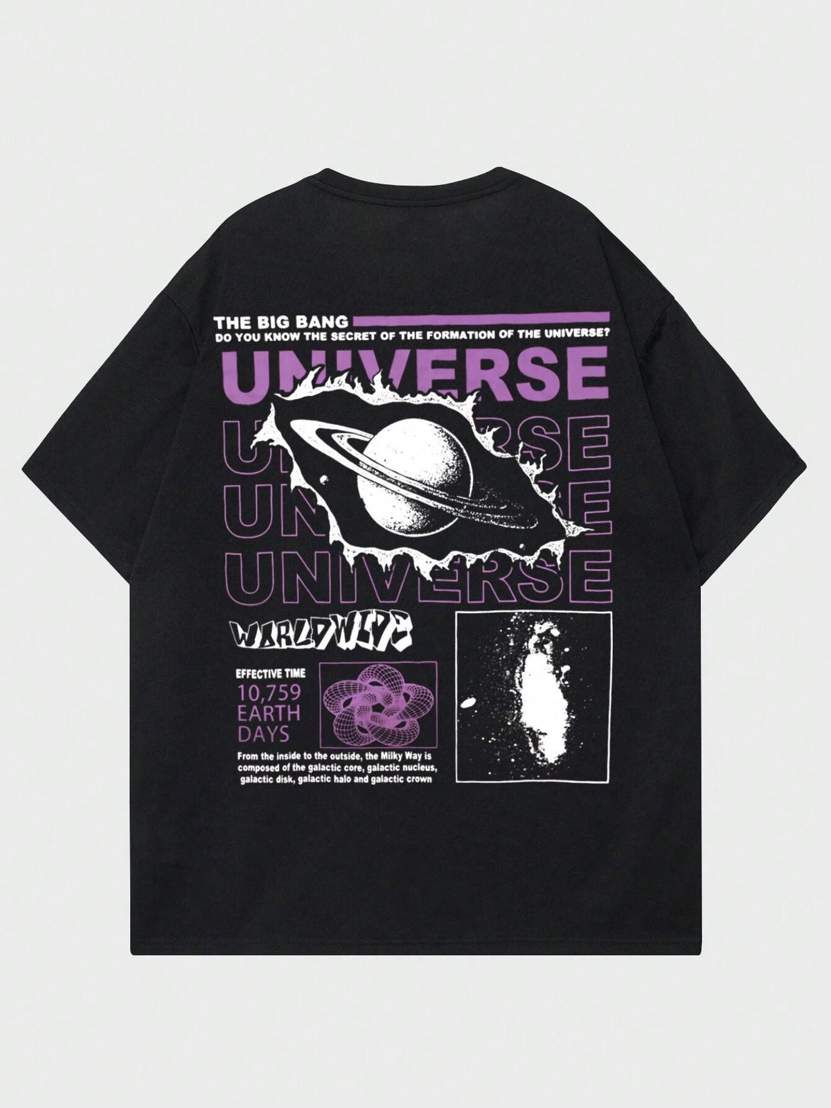 Black loose t-shirt with a ringed planet graphic on the back, back view