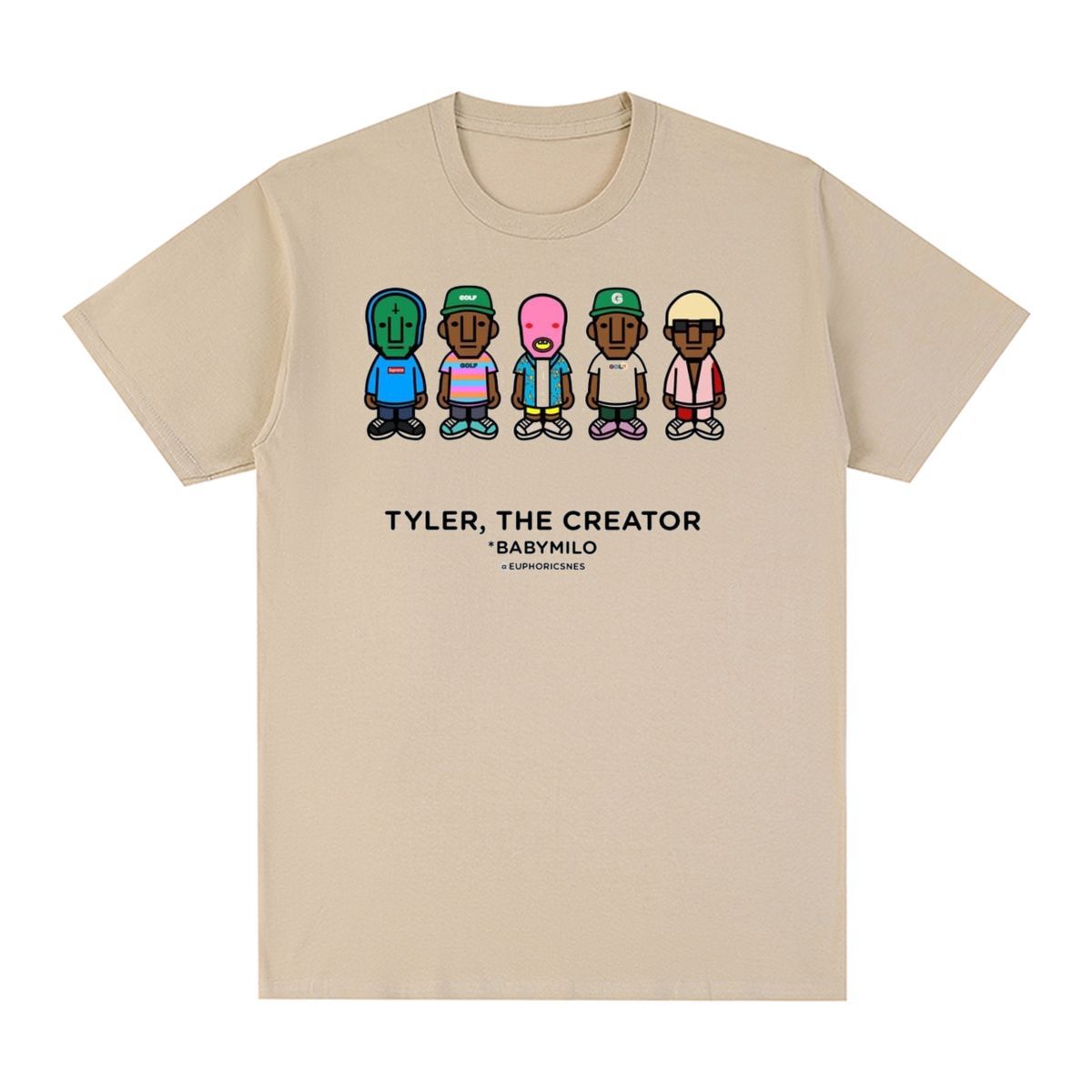 Sand t-shirt with a cartoon group graphic on the chest, flat lay, front view