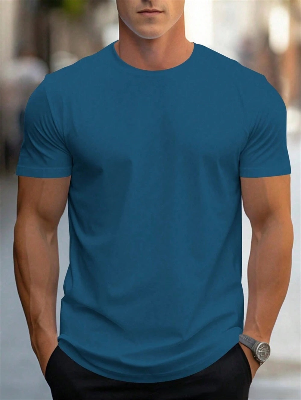 Navy plain crew-neck t-shirt, front view