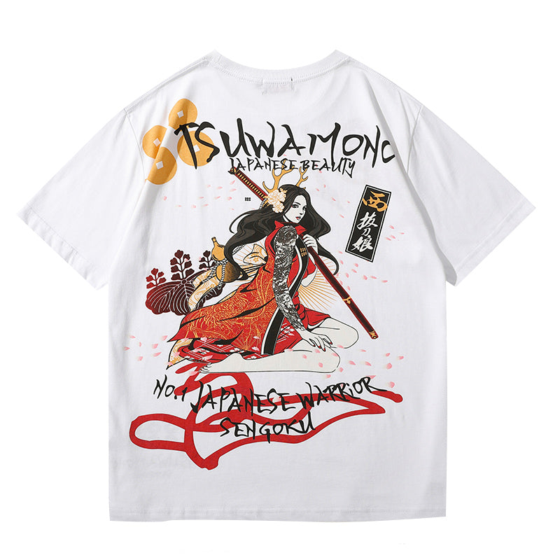White t-shirt with a large warrior illustration on the back, flat lay, back view