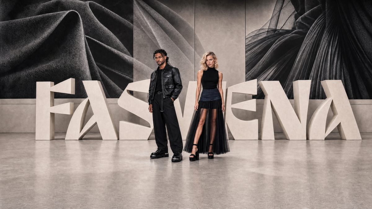 Solenne and Cass, AI-generated models, standing side by side in an ivory gallery set in front of three-dimensional FASVENA letters. Solenne wears a black mock-neck top with a denim yoke, a sheer tulle skirt with a front slit and black platform heels; Cass wears an open black faux-leather jacket over a black tee, wide straight trousers and black lug-sole derbies.