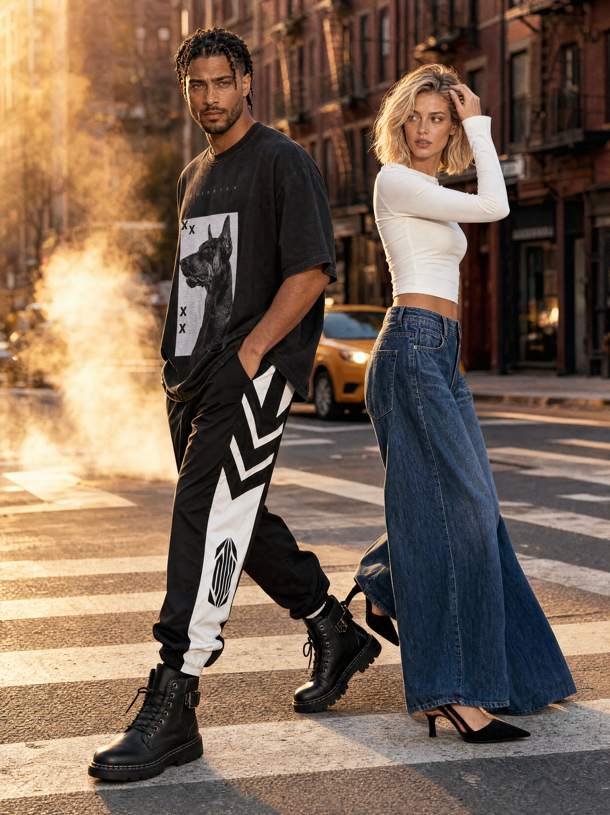 AI-generated image of Cass and Solenne, two AI models, walking across a New York street at golden hour.