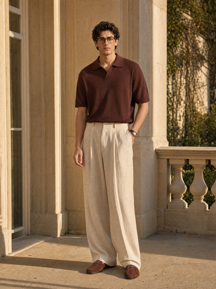 AI-generated brand image of AI model Elias wearing FASVENA's ribbed polo, wide-leg linen trousers and horsebit loafers in a quiet-luxury courtyard setting — not a customer photo.