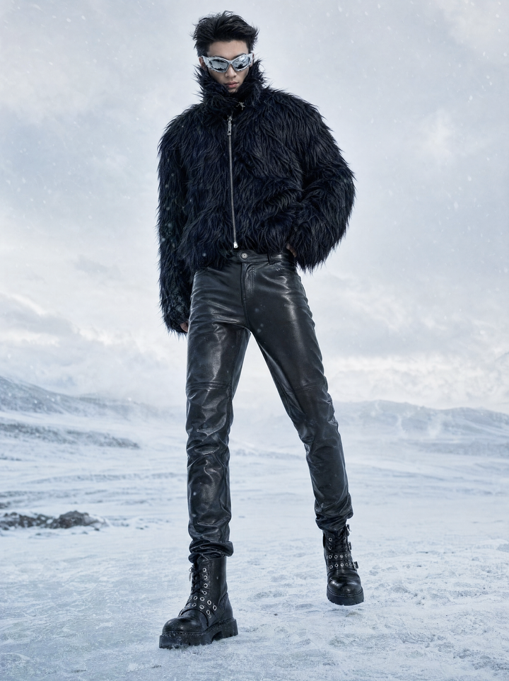 AI-generated brand image of AI model Kai wearing a fur-effect jacket, leather trousers and buckled boots in a sub-zero winter setting — not a customer photo.
