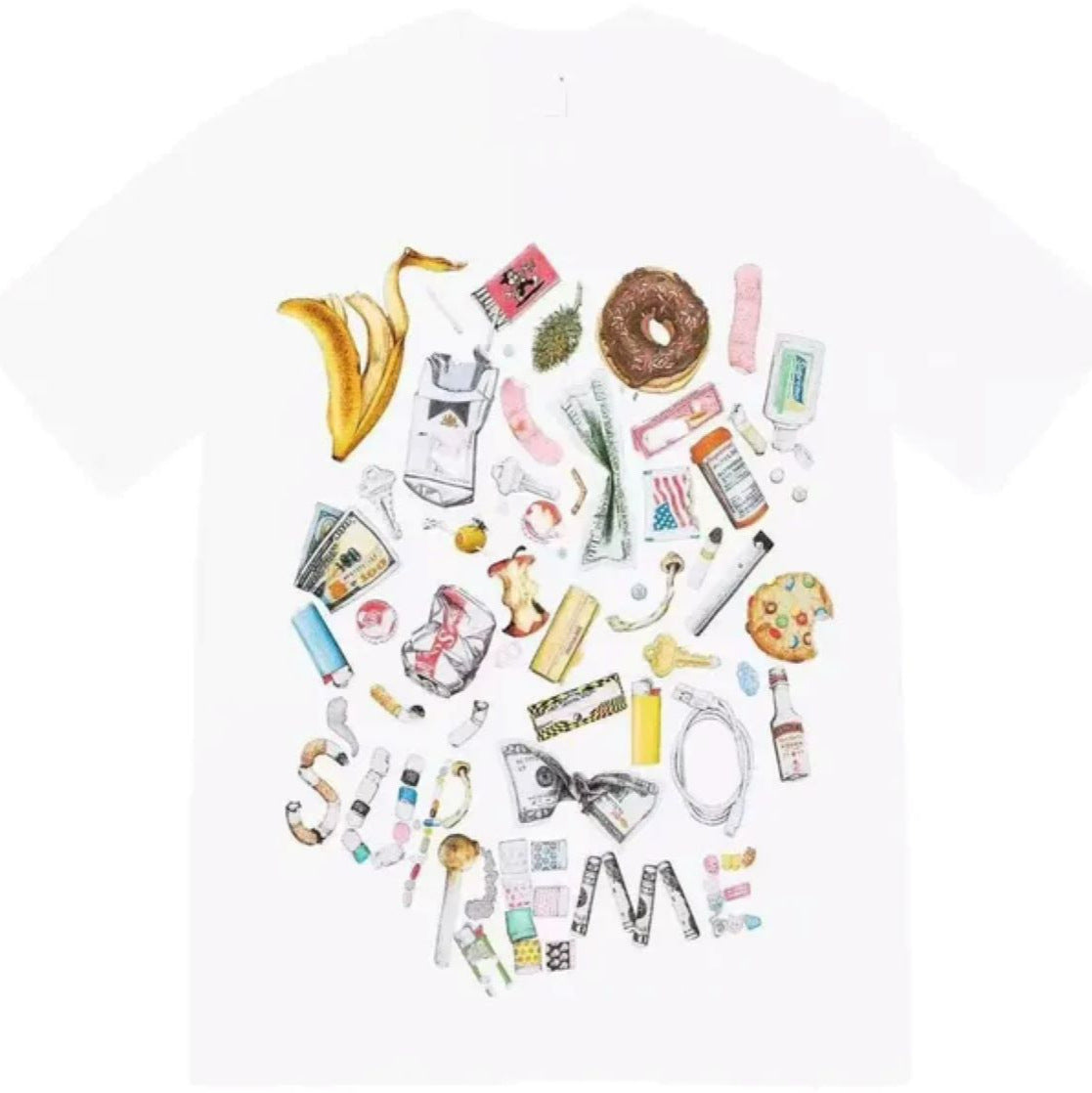 White t-shirt with a multi-colour collage graphic on the chest, front view