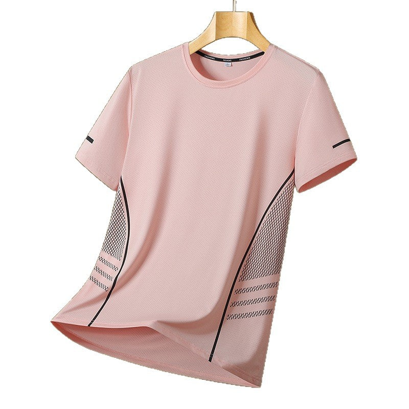 Pink relaxed-fit mesh-panel t-shirt on a hanger, detail view